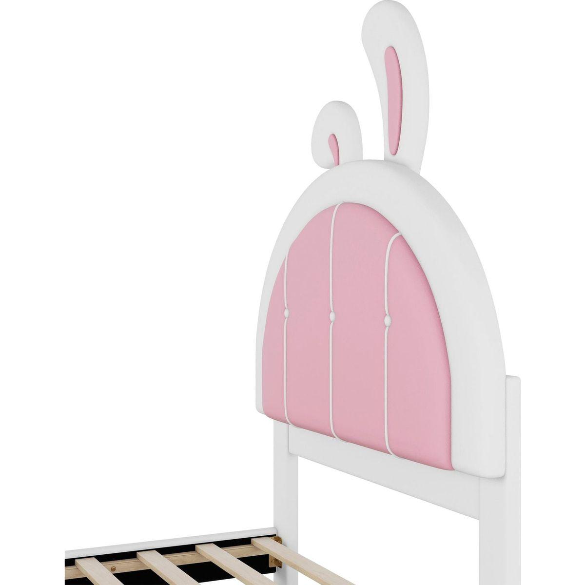 Twin Size Upholstered Platform Bed with Rabbit Shaped Headboard, White