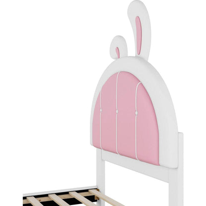 Twin Size Upholstered Platform Bed with Rabbit Shaped Headboard, White