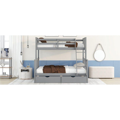 Twin-Over-Full Bunk Bed with Ladders and Two Storage Drawers(Gray){o
