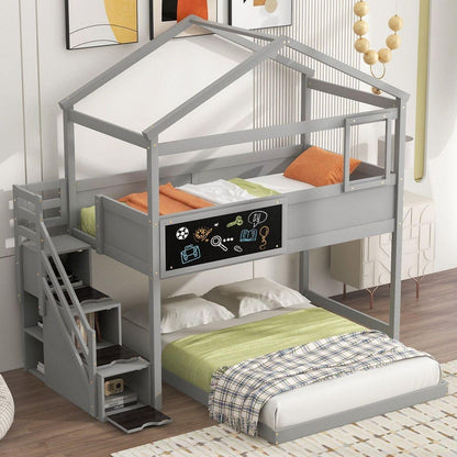 Twin over Full House Bunk Bed with Storage Staircase and Blackboard,Gray