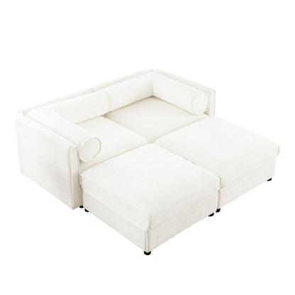 Stylish White Chenille 2-Seater Sofa with Ottoman Storage, Cylindrical Backrest and Armrests, Modern Fabric Loveseat