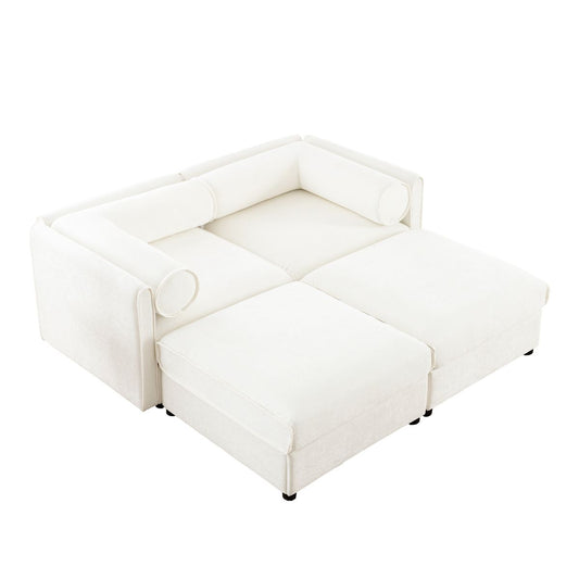Stylish White Chenille 2-Seater Sofa with Ottoman Storage, Cylindrical Backrest and Armrests, Modern Fabric Loveseat