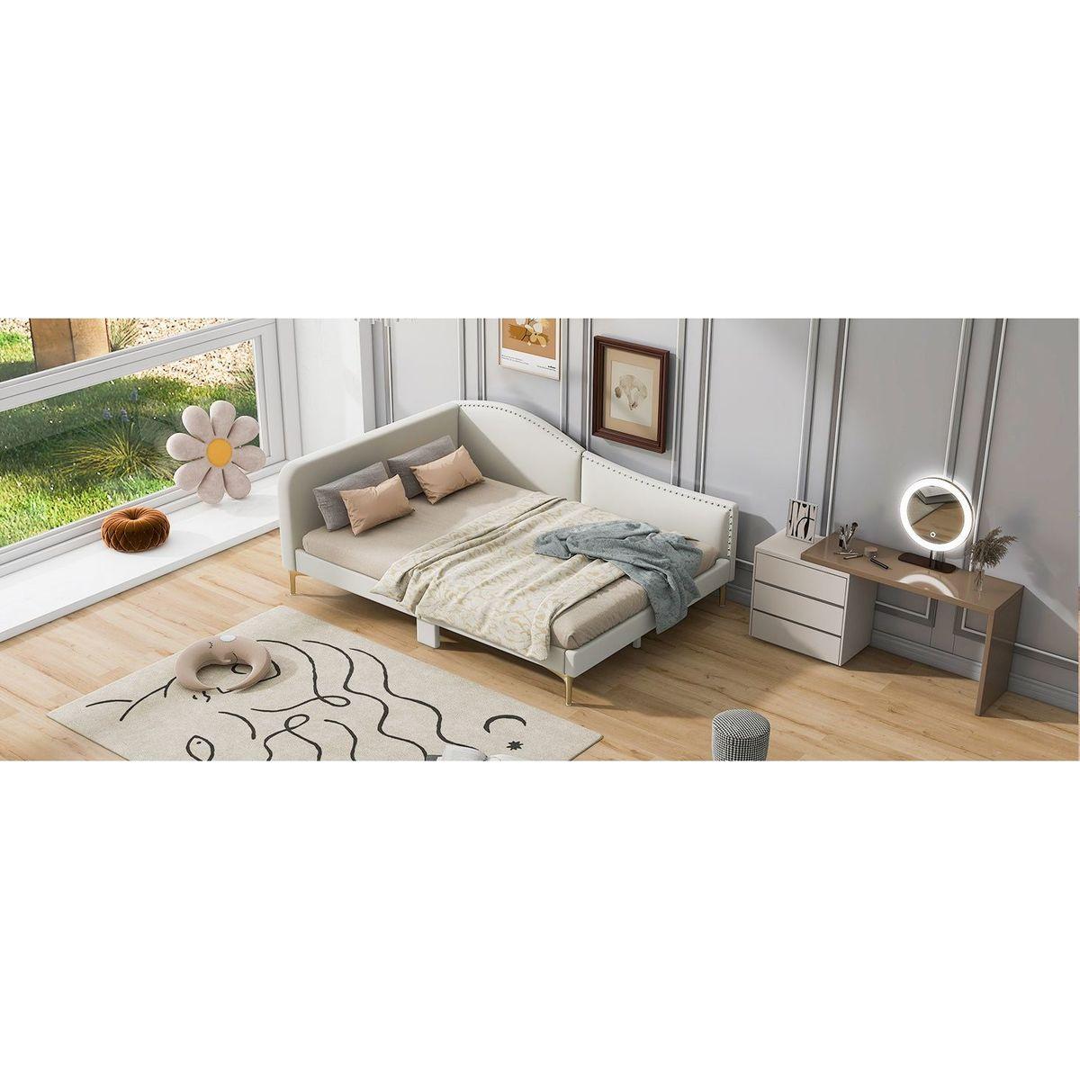 Full Size Upholstered Daybed with Headboard and Armrest, Support Legs, Beige