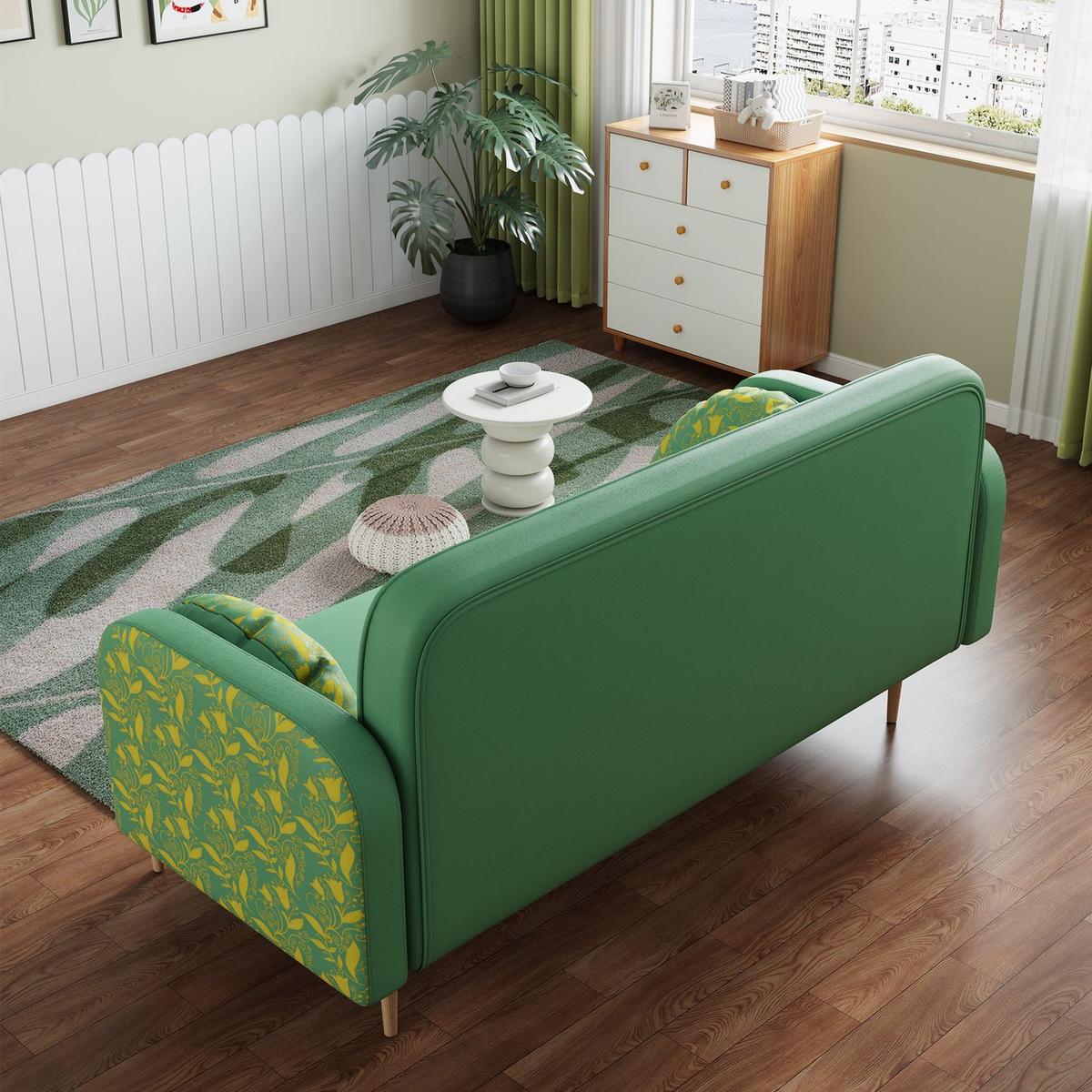 green Loveseat sofa with tulip pattern Modern Upholstered Two Seater PU Sofa with 2 dumpling-shaped throw pillows with tulip patterns