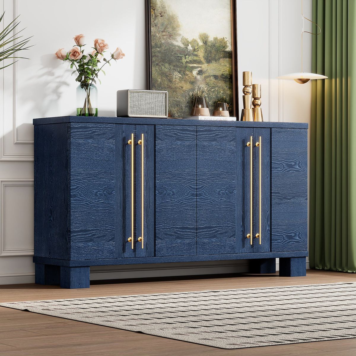 TREXM Sideboard Buffet Cabinet with Storage, Wood Sideboard with Adjustable Shelves and Gold Handles for Kitchen, Dining Room and Living Room (Antique Navy)
