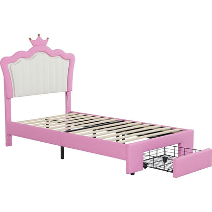 Twin Size Upholstered Bed Frame with LED Lights, Modern Upholstered Princess Bed with Crown Headboard, a Drawer, Pink+White
