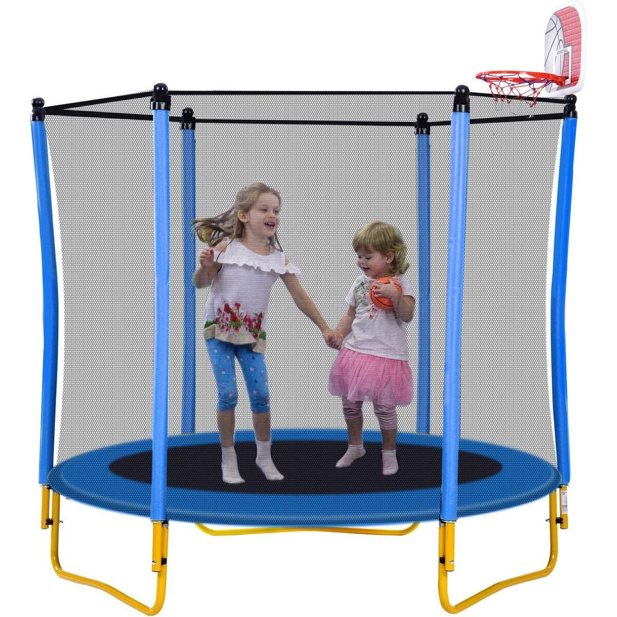 5.5FT Trampoline for Kids - 65" Outdoor & Indoor Mini Toddler Trampoline with Enclosure, Basketball Hoop and Ball Included