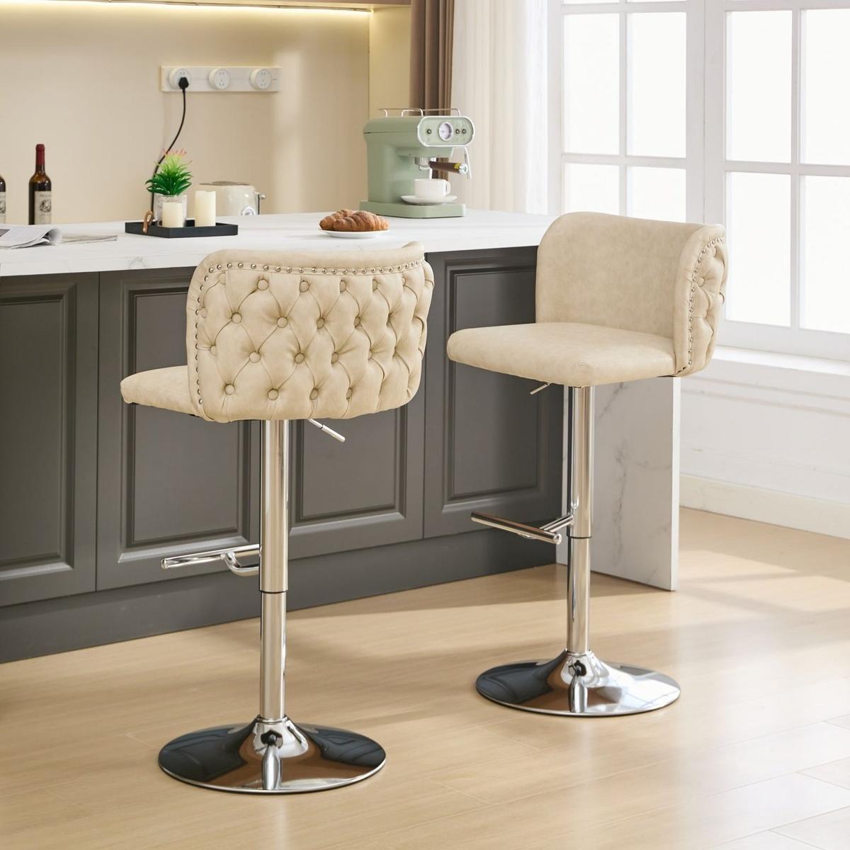 Swivel Barstools Adjusatble Seat Height With Chrome Base, Modern PU Upholstered Bar Stools with the whole Back Tufted, for Home Pub and Kitchen Island,Beige, Set of 2