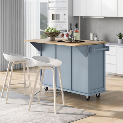 Kitchen Cart with Rubber wood Drop-Leaf Countertop, Cabinet door internal storage racks,Kitchen Island on 5 Wheels with Storage Cabinet and 3 Drawers for Dining Room, Grey Blue