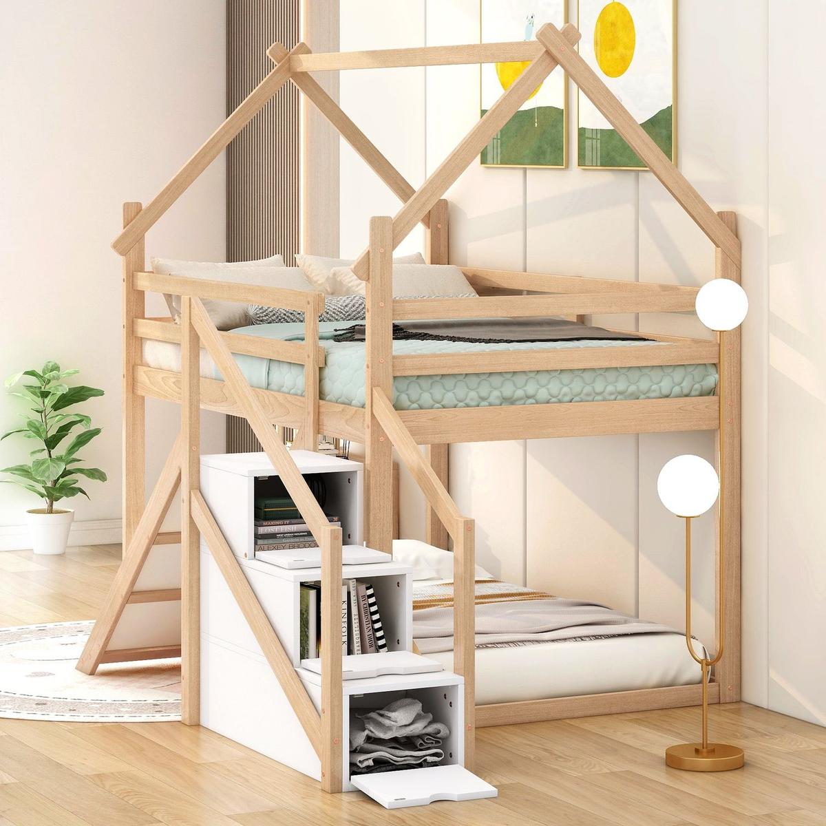Twin over Twin House Loft or Bunk Bed with Slide and Staircase, Natural