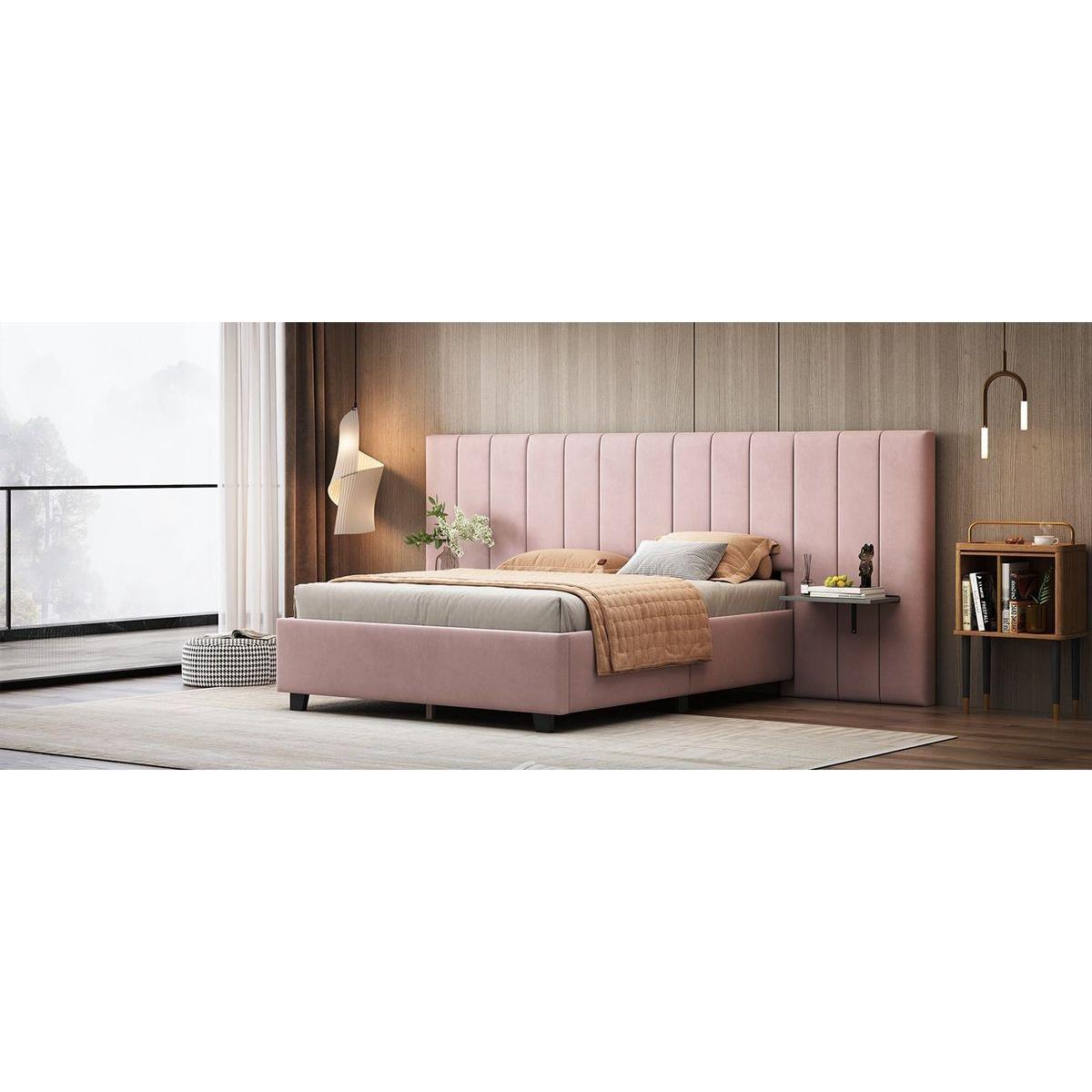Full Size Upholstered Platform Bed with Big Headboard, Bedroom Furniture, Velvet, Pink