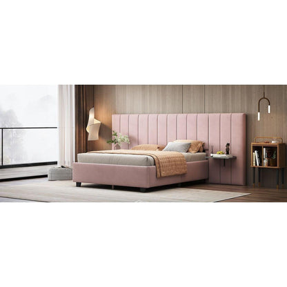 Full Size Upholstered Platform Bed with Big Headboard, Bedroom Furniture, Velvet, Pink