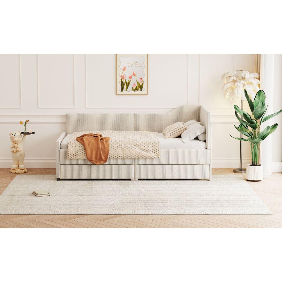 Twin Size L-Shaped Corduroy Daybed,Upholstered Bed Frame with 2 Storage Drawers, Beige