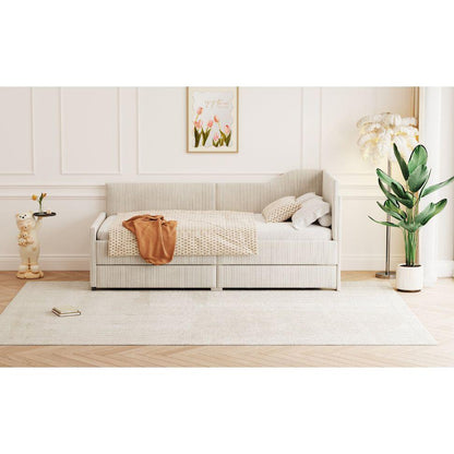 Twin Size L-Shaped Corduroy Daybed,Upholstered Bed Frame with 2 Storage Drawers, Beige