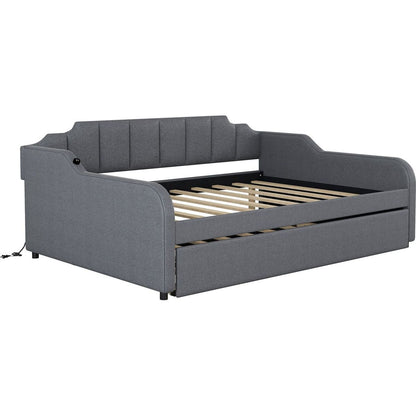 Full Size Upholstery Daybed with Trundle and USB Charging Design,Trundle can be flat or erected,Gray
