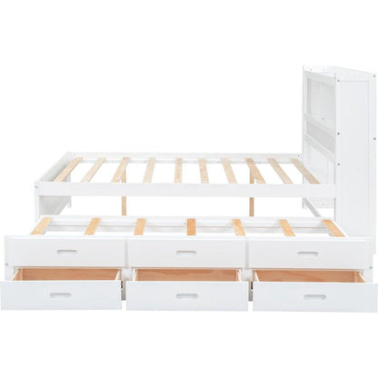Full Size platform bed with trundle, drawers and USB plugs, White