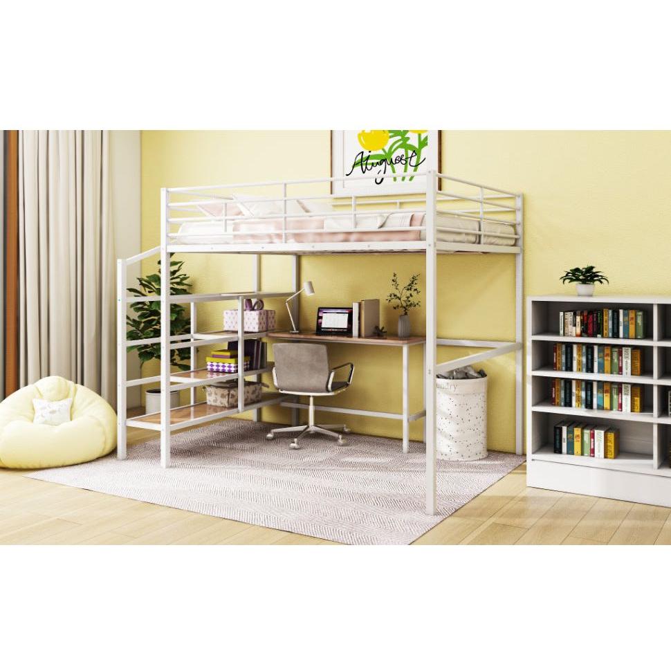 Full Size Metal Loft Bed with Desk and Lateral Storage Ladder, White