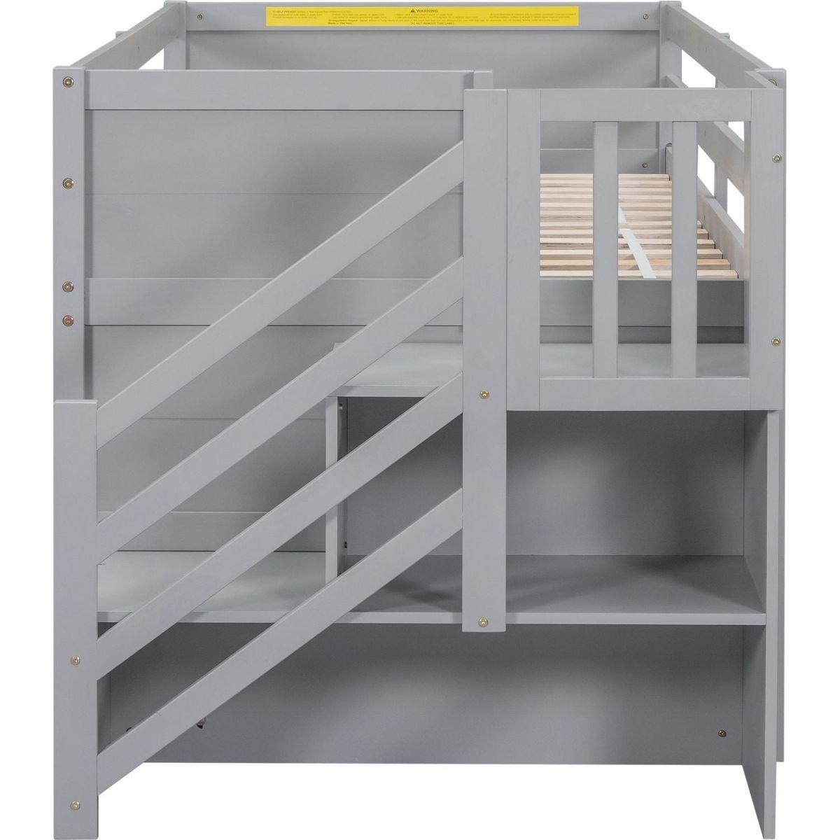 TWIN BED, SOLID WOOD TWIN SIZE LOW LOFT BED WITH STAIR, DRAWER, AND SHELF OF GREY COLOR