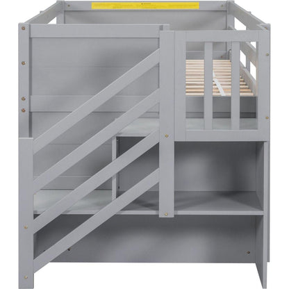 TWIN BED, SOLID WOOD TWIN SIZE LOW LOFT BED WITH STAIR, DRAWER, AND SHELF OF GREY COLOR