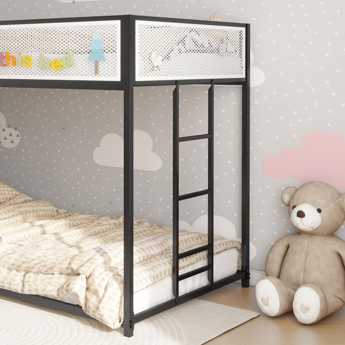Adam Twin Twin Bunk Black with White Mesh Guard Rail for Kids and Adult, Low Profile and Easy Climbing with Stable Ladder