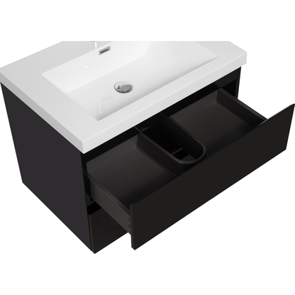 30" Floating Bathroom Vanity with Sink, Modern Wall-Mounted Bathroom Storage Vanity Cabinet with Resin Top Basin and Soft Close Drawers, Glossy Black