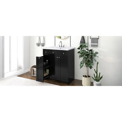 30-Inch Black Bathroom Vanity with Ceramic Sink Combo, Abundant Storage Cabinet - 2 Soft-close Doors and Double-tier Deep Drawer