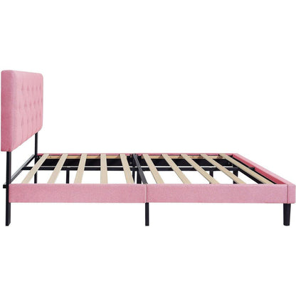 Full Size Upholstered Platform Bed Frame with Modern Button Tufted Linen Fabric Headboard, No Box Spring Needed, Wood Slat Support, Easy Assembly, pink
