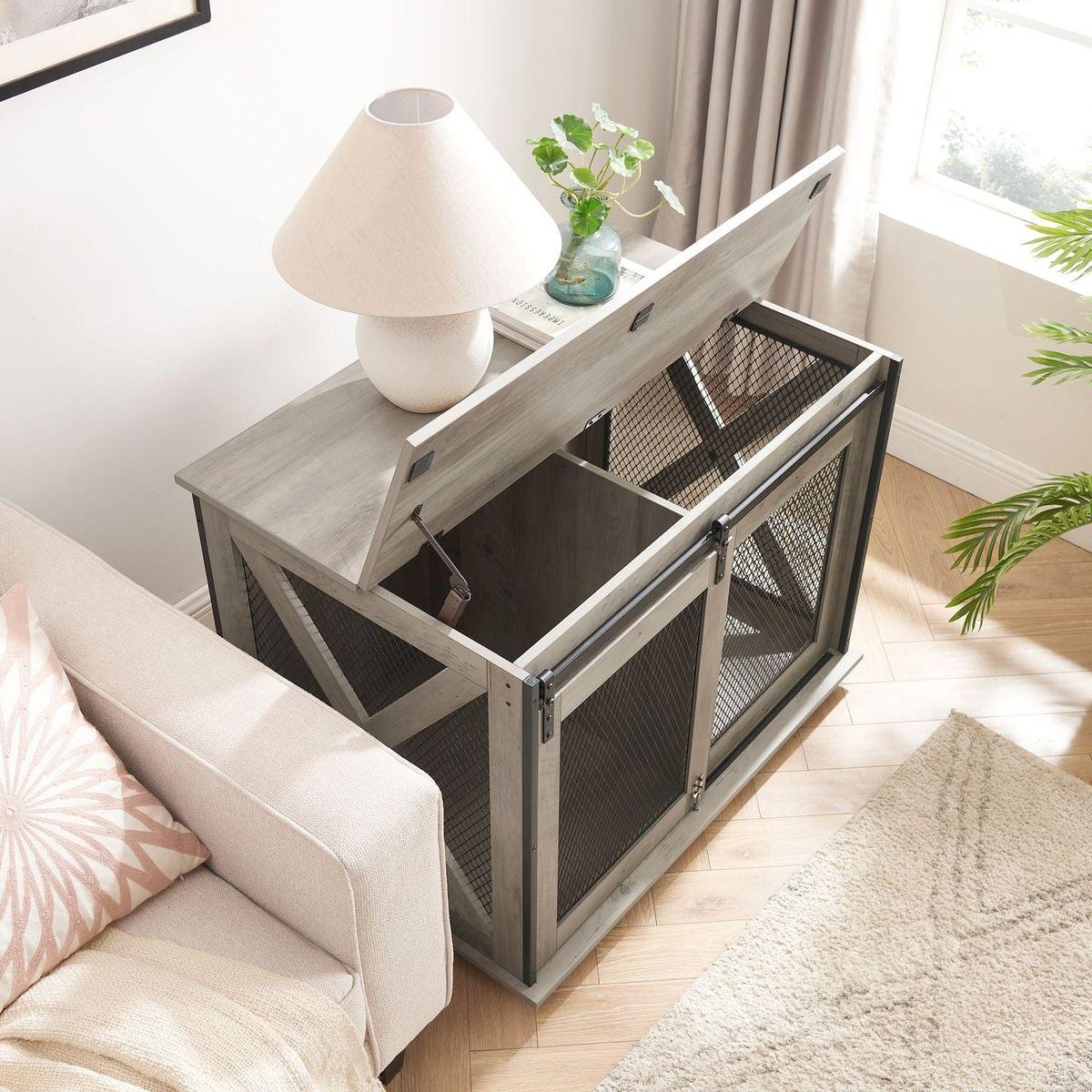 Farmhouse Dog Cage Crate Furniture with Sliding Barn Door, Farmhouse Wooden Dog Kennel End Table with Flip-top Plate Dog House with Detachable Divider for Small/Medium/Large Dog Gray