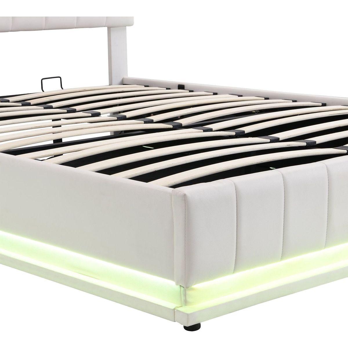 Queen Size Upholstered Bed with Hydraulic Storage System and LED Light, Modern Platform Bed with Sockets and USB Ports, White