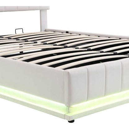 Queen Size Upholstered Bed with Hydraulic Storage System and LED Light, Modern Platform Bed with Sockets and USB Ports, White