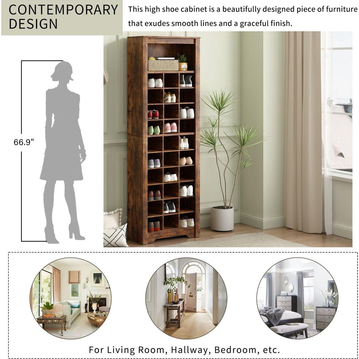 Stylish Design 30 Shoe Cubby Console, Contemporary Shoe Cabinet with Multiple Storage Capacity, Free Standing Tall Cabinet with Versatile Use for Hallway, Bedroom, Rustic Brown