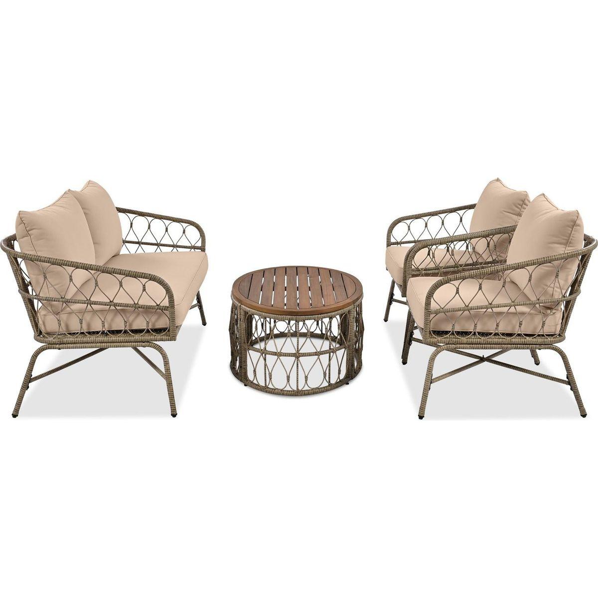 GO Bohemia-inspired 4-Person Outdoor Seating Group With Removable Cushions, Conversation Patio Set With Wood Tabletop, Beige