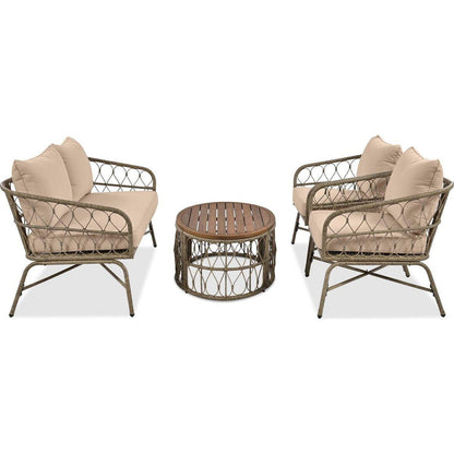 GO Bohemia-inspired 4-Person Outdoor Seating Group With Removable Cushions, Conversation Patio Set With Wood Tabletop, Beige