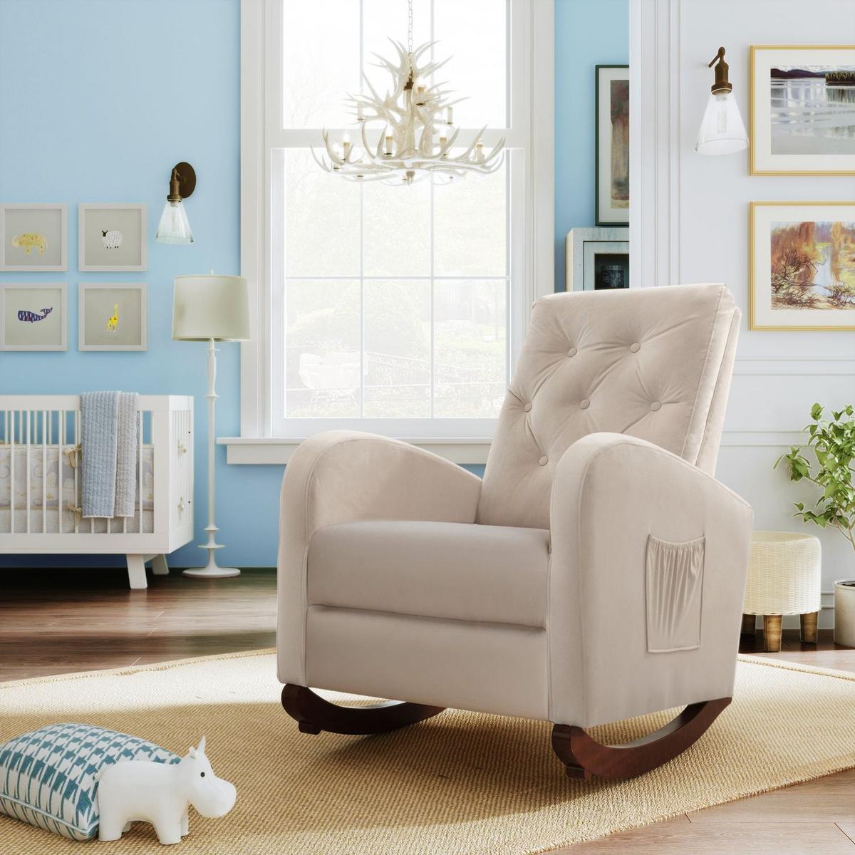 Baby Room High Back Rocking Chair Nursery Chair, Comfortable Rocker Fabric Padded Seat, Modern High Back Armchair