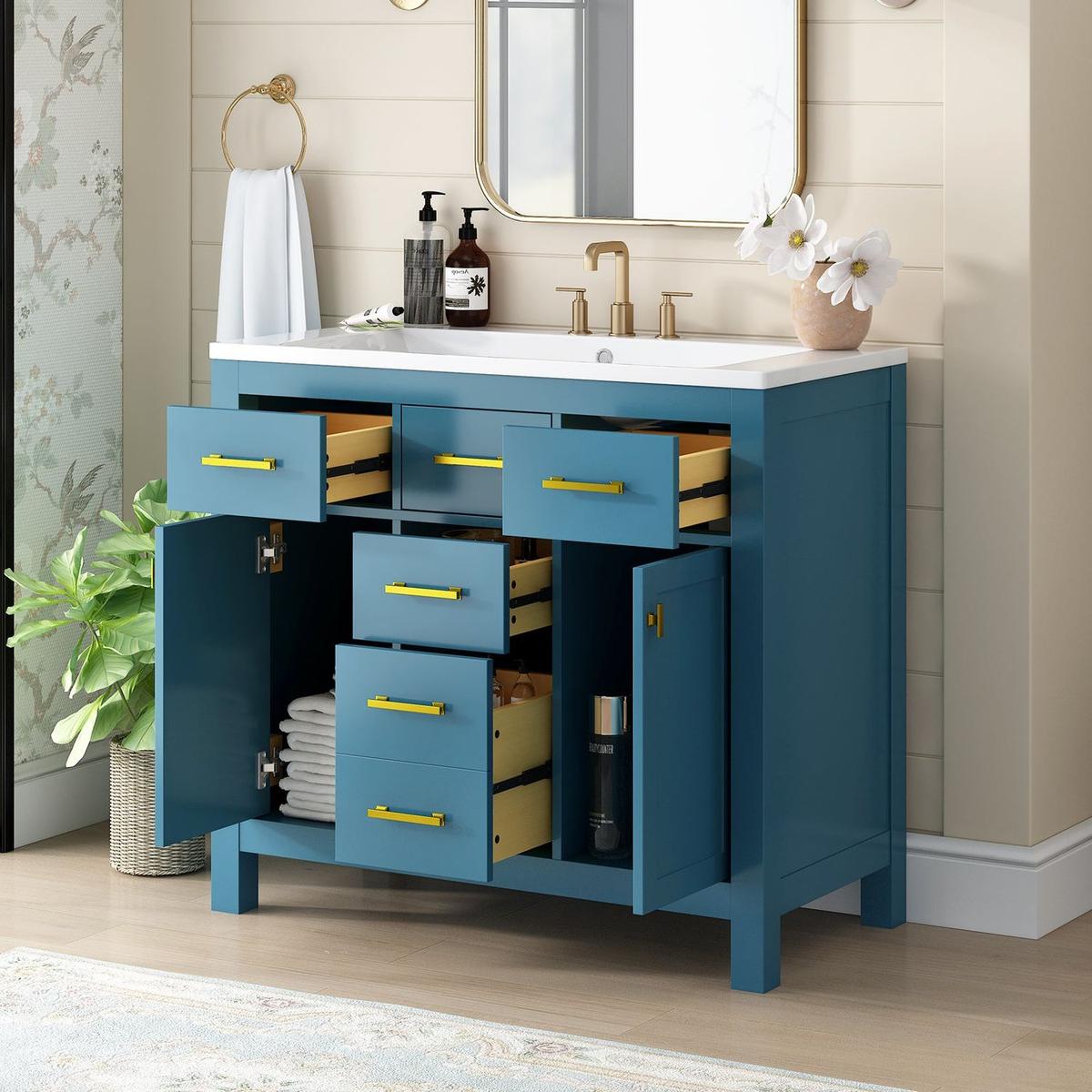 36" Bathroon Vanity with Resin Sink Combo Set,Modern Freestanding Single Bathroom Cabinet with 4 Drawers & 2 Cabinets,Storage Cabinet for Bathroom, Solid Wood Frame Vanity Set, Blue