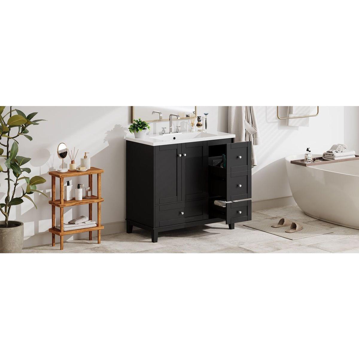 36 Inch Modern Bathroom Vanity with USB Charging, Two Doors and Three Drawers Bathroom Storage Vanity Cabinet, Small Bathroom Vanity cabinet with single sink, Black - Faucets Not Included