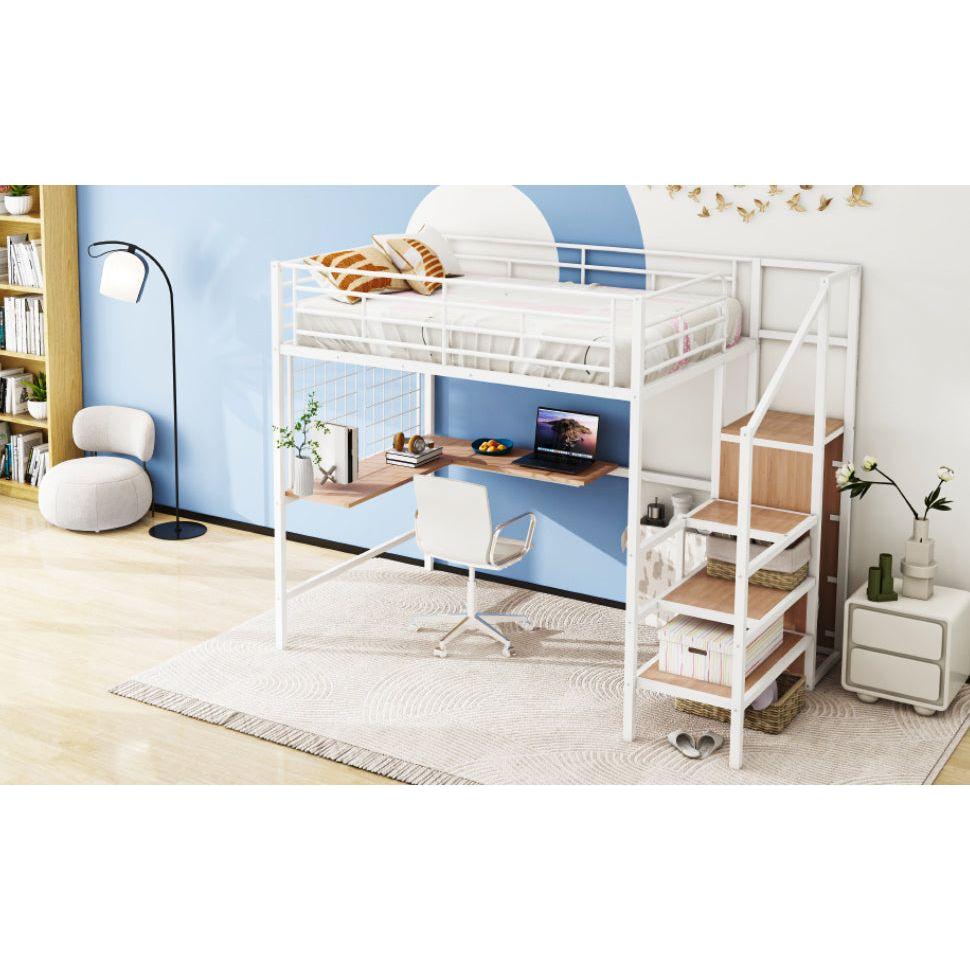 Full Size Metal Loft Bed with Desk and Metal Grid, Stylish Metal Frame Bed with Lateral Storage Ladder and Wardrobe, White