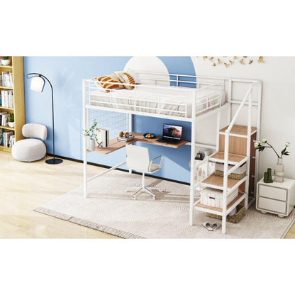 Full Size Metal Loft Bed with Desk and Metal Grid, Stylish Metal Frame Bed with Lateral Storage Ladder and Wardrobe, White
