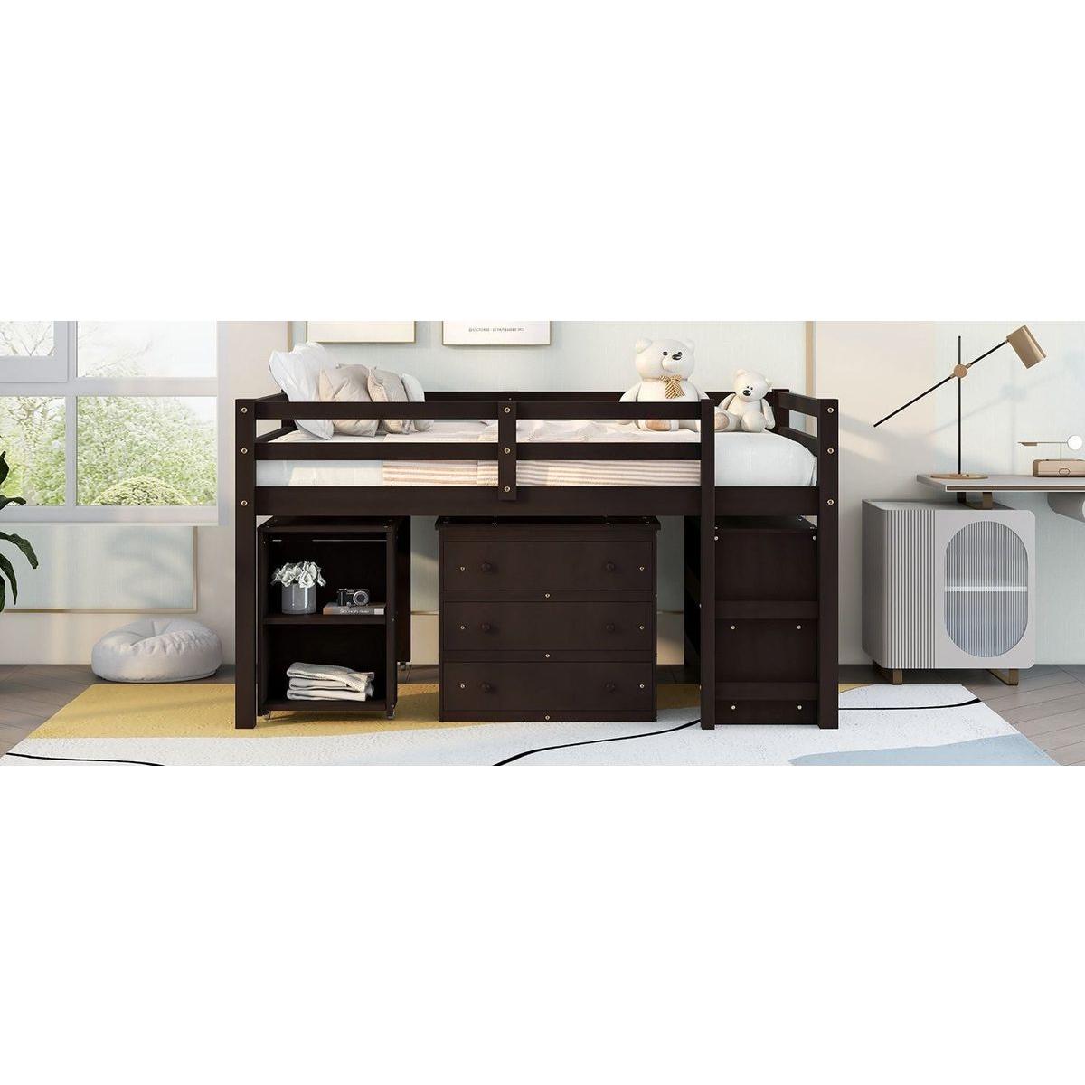 Low Study Full Loft Bed with Cabinet, Shelves and Rolling Portable Desk, Multiple Functions Bed- Espresso