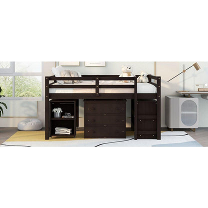 Low Study Full Loft Bed with Cabinet, Shelves and Rolling Portable Desk, Multiple Functions Bed- Espresso