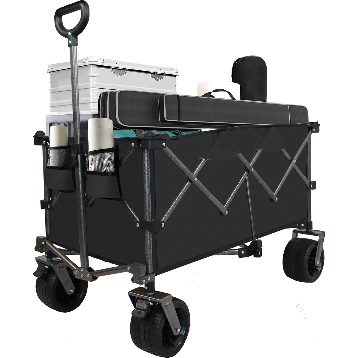 Collapsible Folding Wagon, Push Pull Foldable Beach Wagon Cart