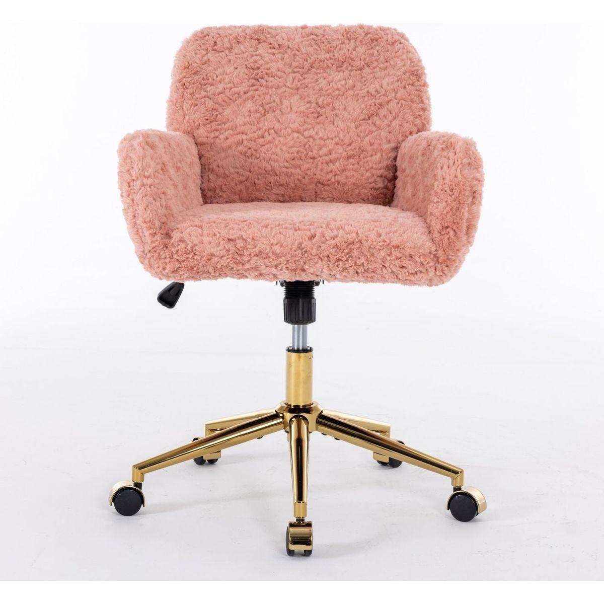 Office Chair,Artificial rabbit hair Home Office Chair with Golden Metal Base,Adjustable Desk Chair Swivel Office Chair,Vanity Chair(Pink)