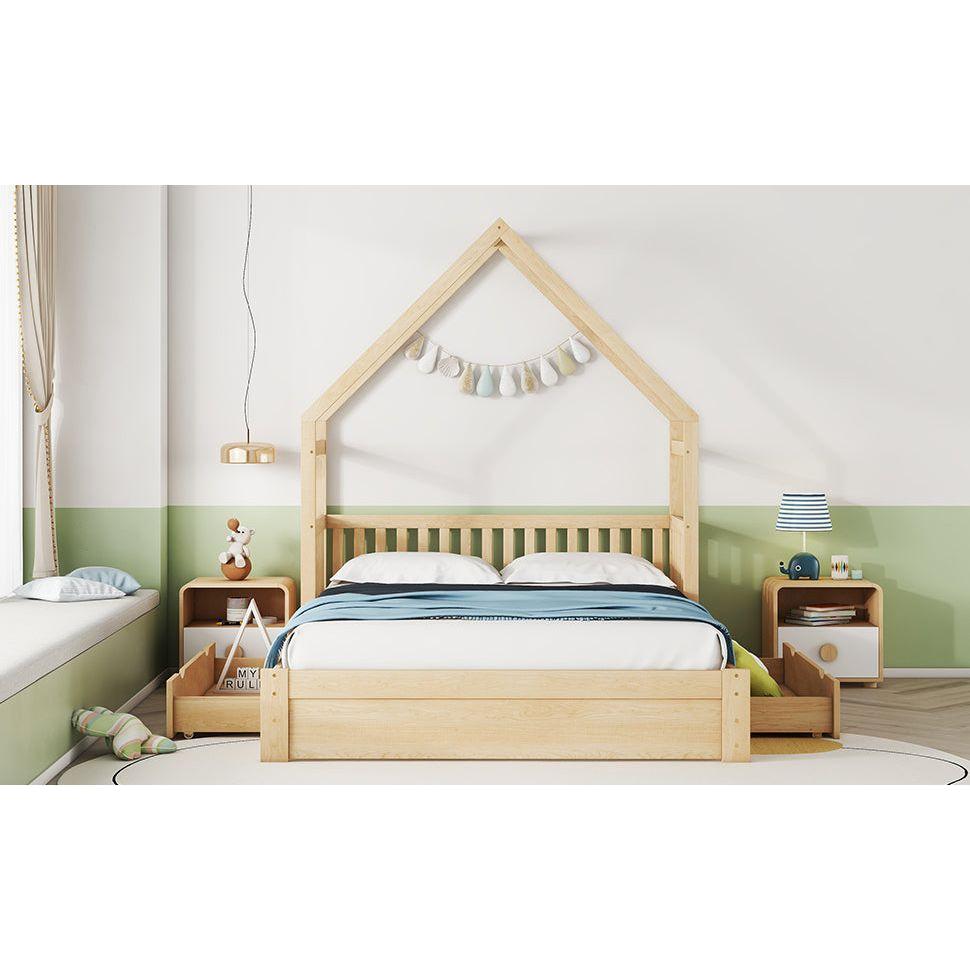 Wood Queen Size House Platform Bed with Guardrail and 2 Drawers, Natural