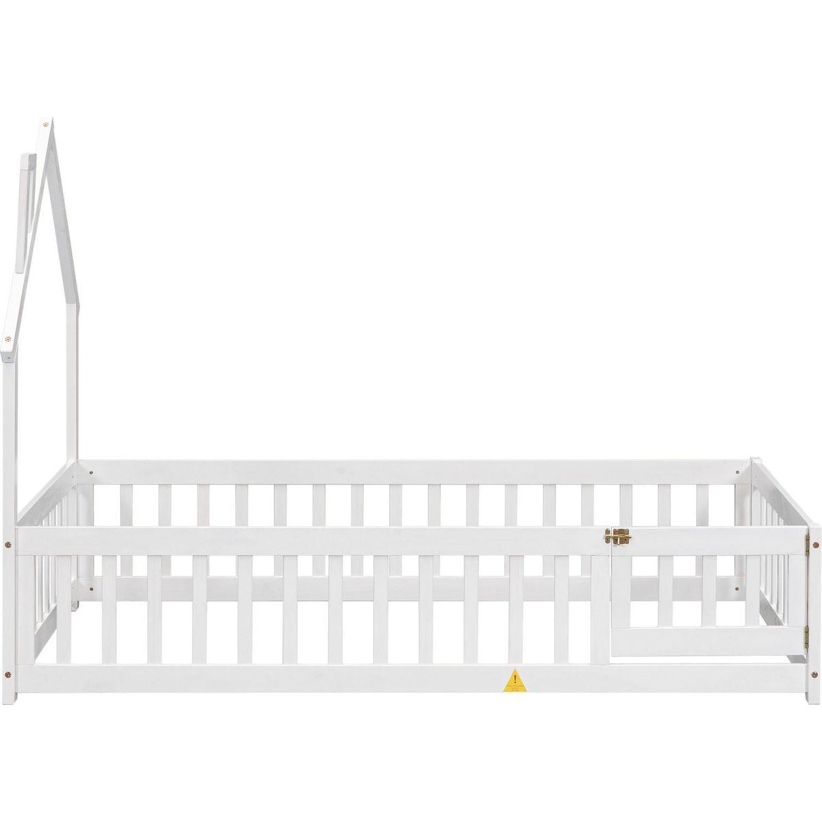 Twin House-Shaped Headboard Floor Bed with Fence,White