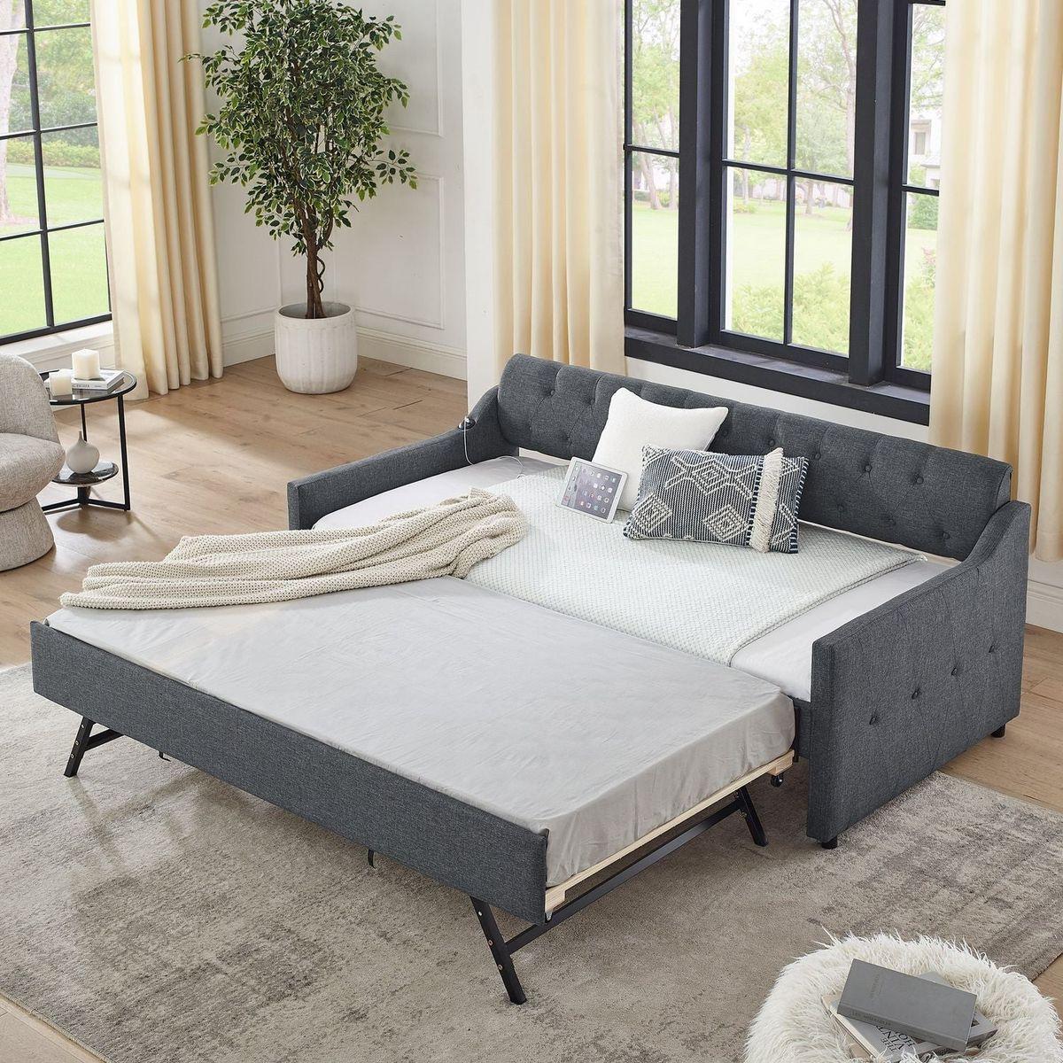 Twin Size Upholstery DayBed with Twin Size Erectable Trundle and USB Charging Design, Linen Dark Gray