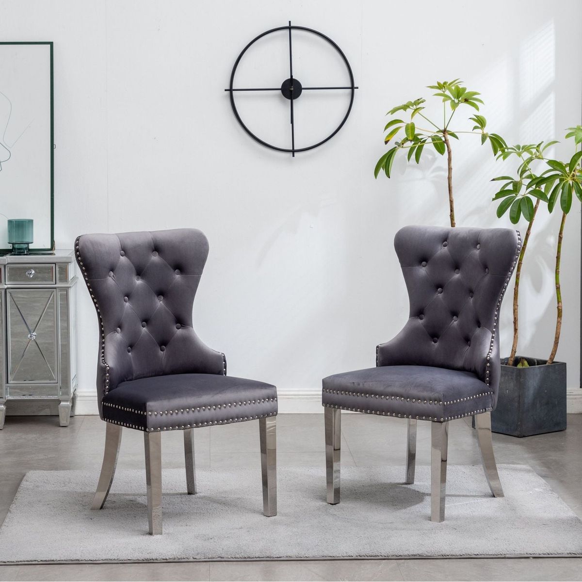 Montura Contemporary Tufted Velvet Chair with Nailhead Trim, Set of 2, Gray
