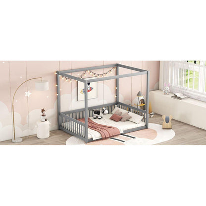 Full Size Canopy Frame Floor Bed with Fence, Guardrails,Grey