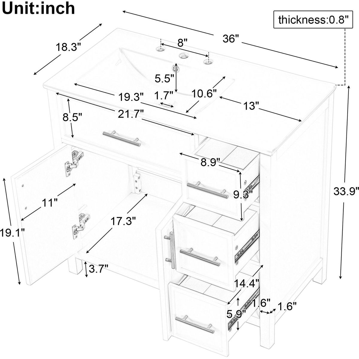 36" Bathroom Vanity with Sink Top, Bathroom Vanity Cabinet with Two Doors and Three Drawers, Solid Wood, MDF Boards, One Package, Off White