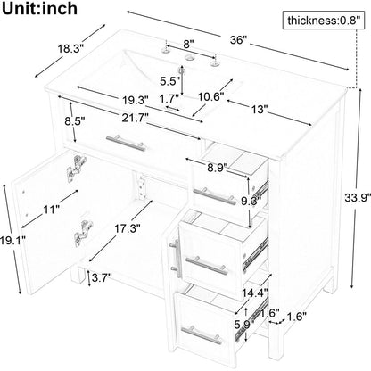 36" Bathroom Vanity with Sink Top, Bathroom Vanity Cabinet with Two Doors and Three Drawers, Solid Wood, MDF Boards, One Package, Off White