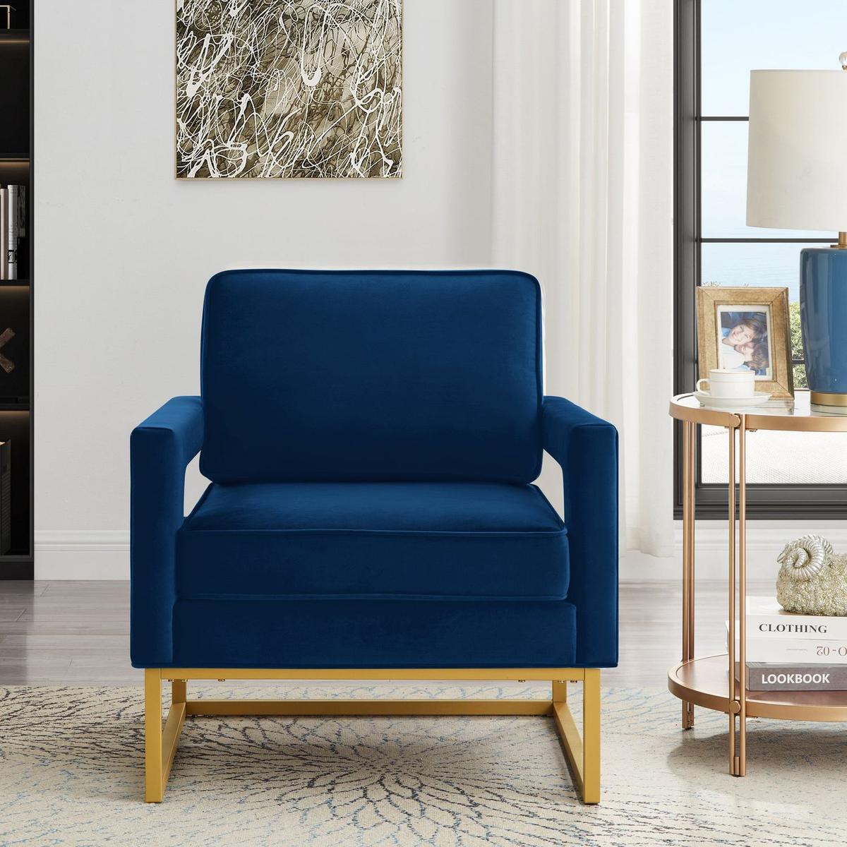 Modern Style Accent Chair with Gold Metal Base, Velvet Upholstered Leisure Chair with Open Armrest, Armchair, Navy